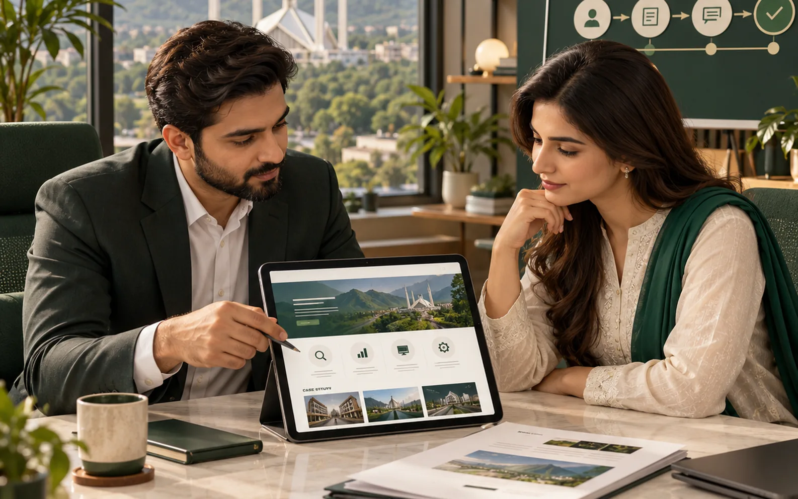 Illustration of Pakistani professionals reviewing a service website and proposal