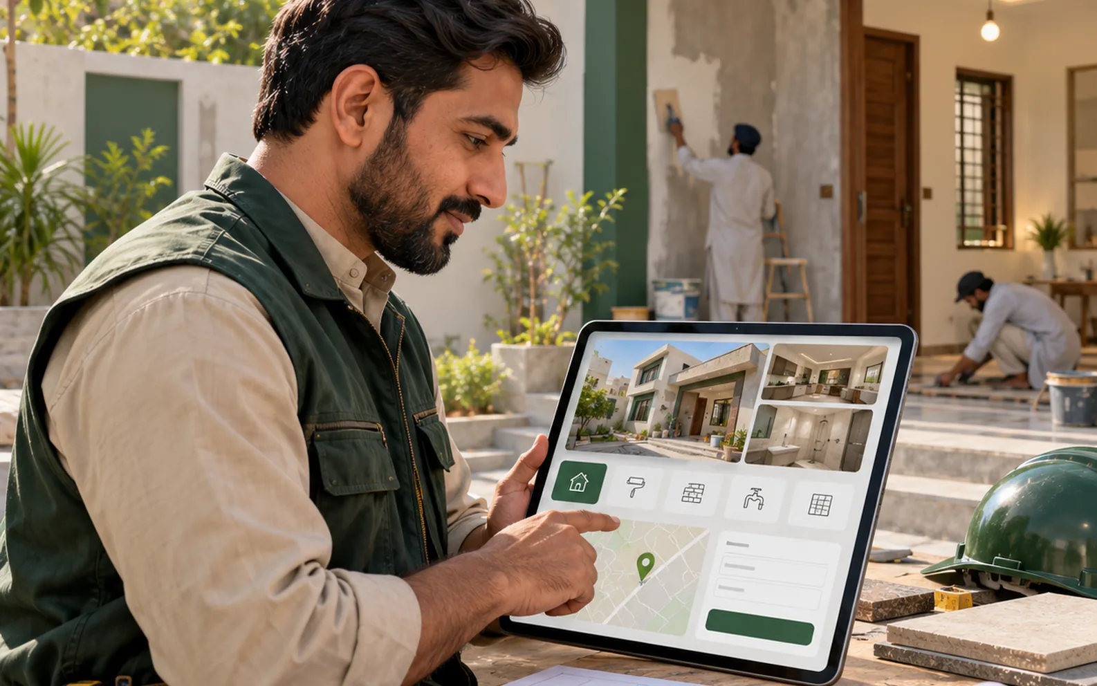 Illustration of a Pakistani contractor with project photos and a quote enquiry