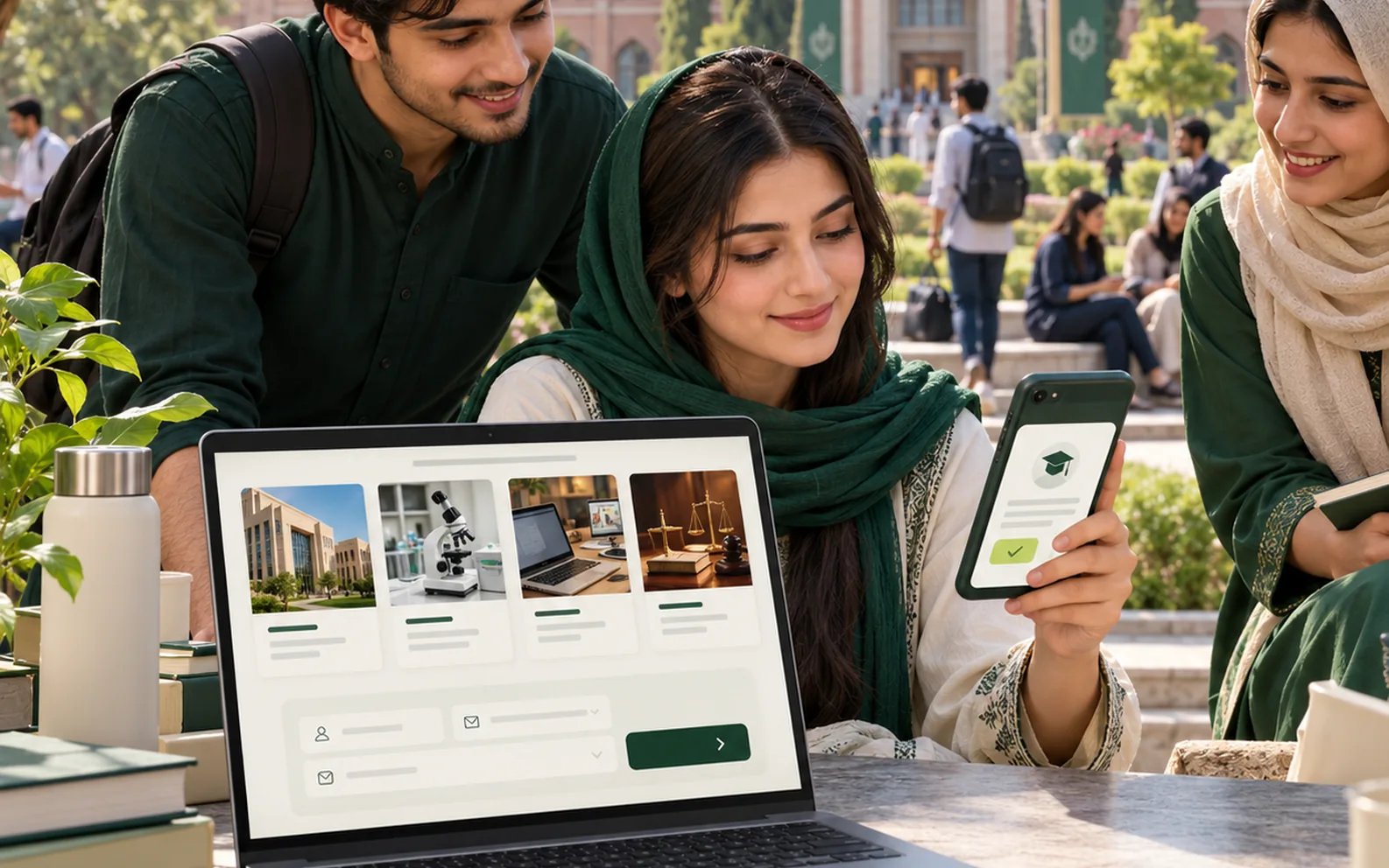 Illustration of Pakistani students exploring programmes and admissions online