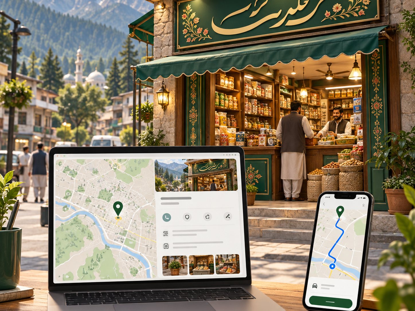 Illustration of a Pakistani neighbourhood shop with a map listing and directions