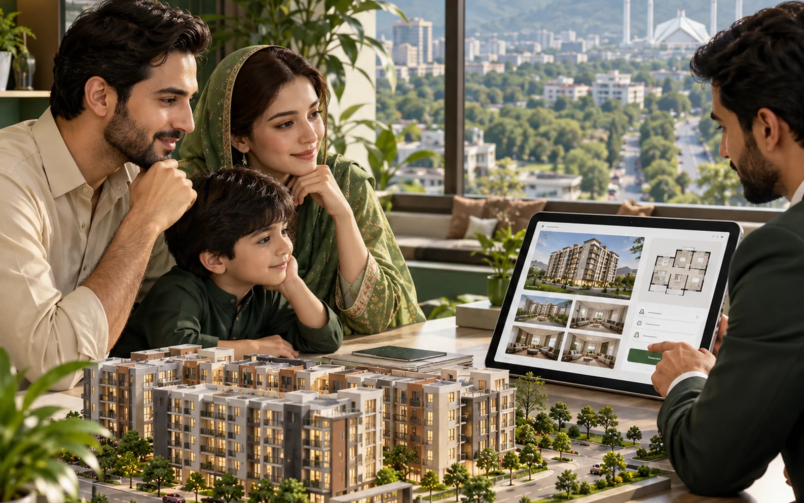 Illustration of a Pakistani family exploring property listings and viewing enquiries