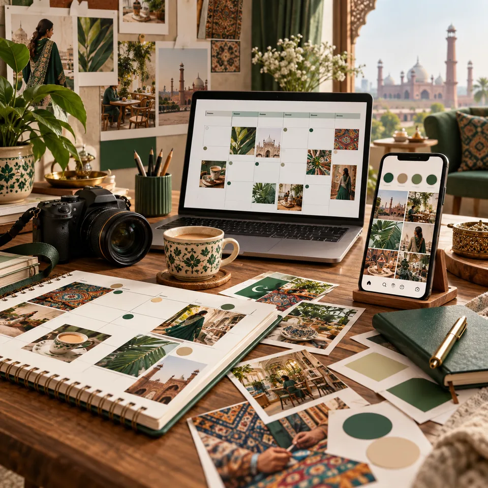 Illustrative social content planning workspace in Lahore
