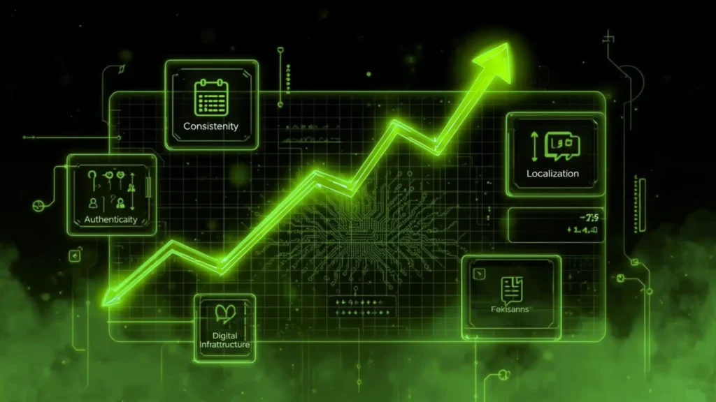 Green growth arrow with consistency authenticity and localization elements