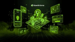 Green digital dashboard showing SEO ranking and lead growth metrics