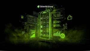 Growth Storm mobile interface showing business analytics and charts