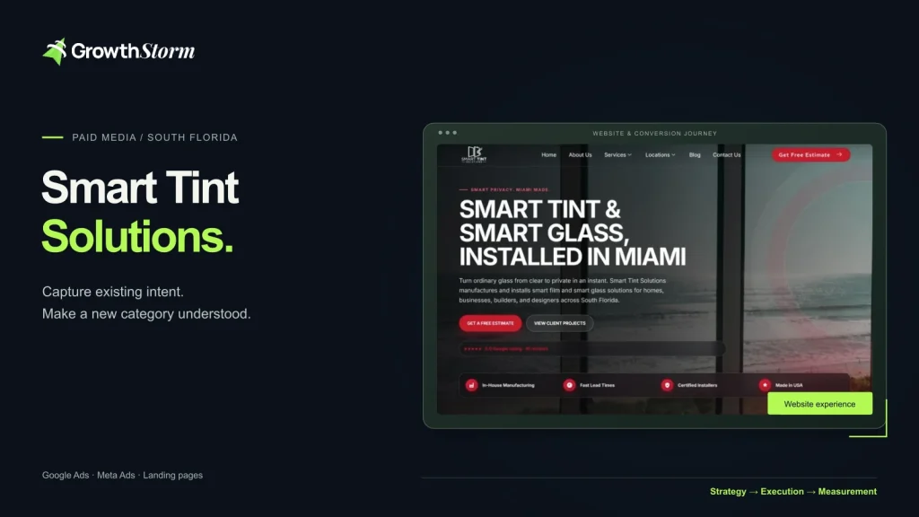 Smart Tint Solutions website mockup with Growth Storm branding and campaign positioning