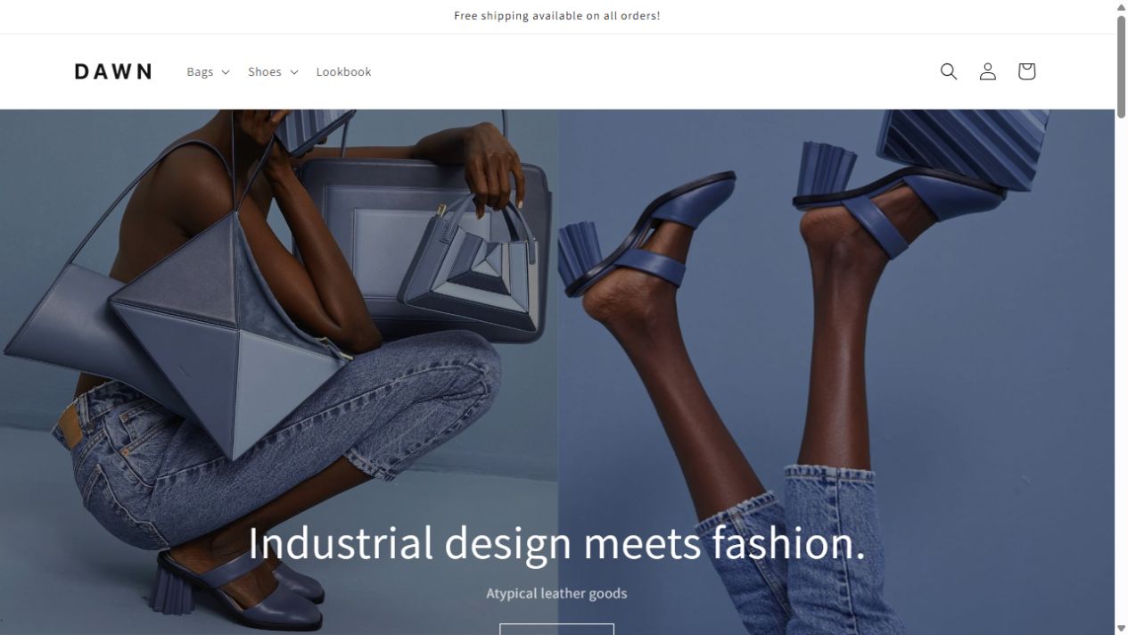 Shopify Dawn demo storefront with real product photography